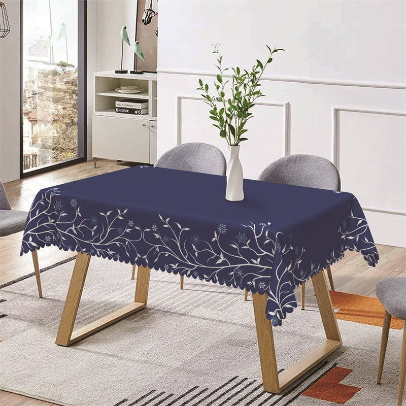 Aperturee - Royal Blue White Lines Floral Rectangle Tablecloth