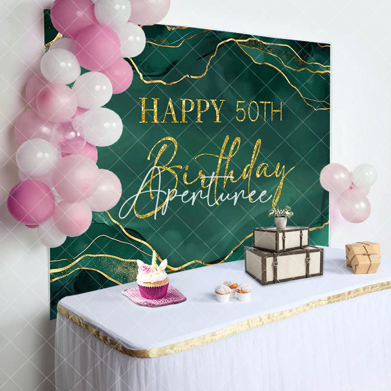 Aperturee - Royal Green Gold Marble Happy 50th Birthday Backdrop