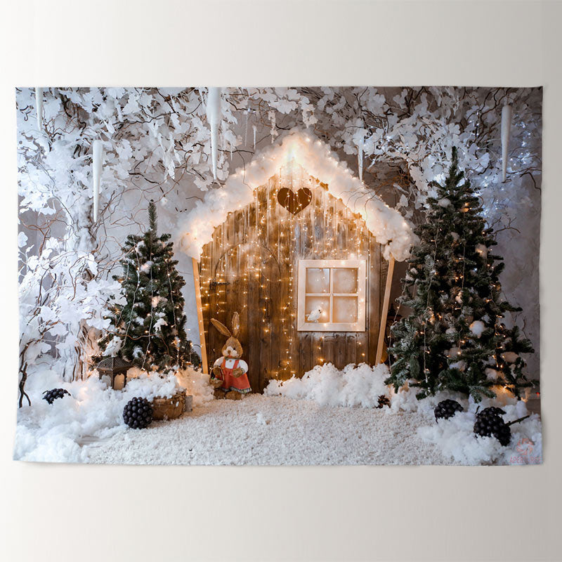 Aperturee - Rubbit Cabin In Light Snowy Christmas Backdrop