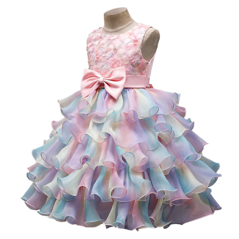 Aperturee - Flower Ruffle Rainbow Tulle Bow Party Kids Dress