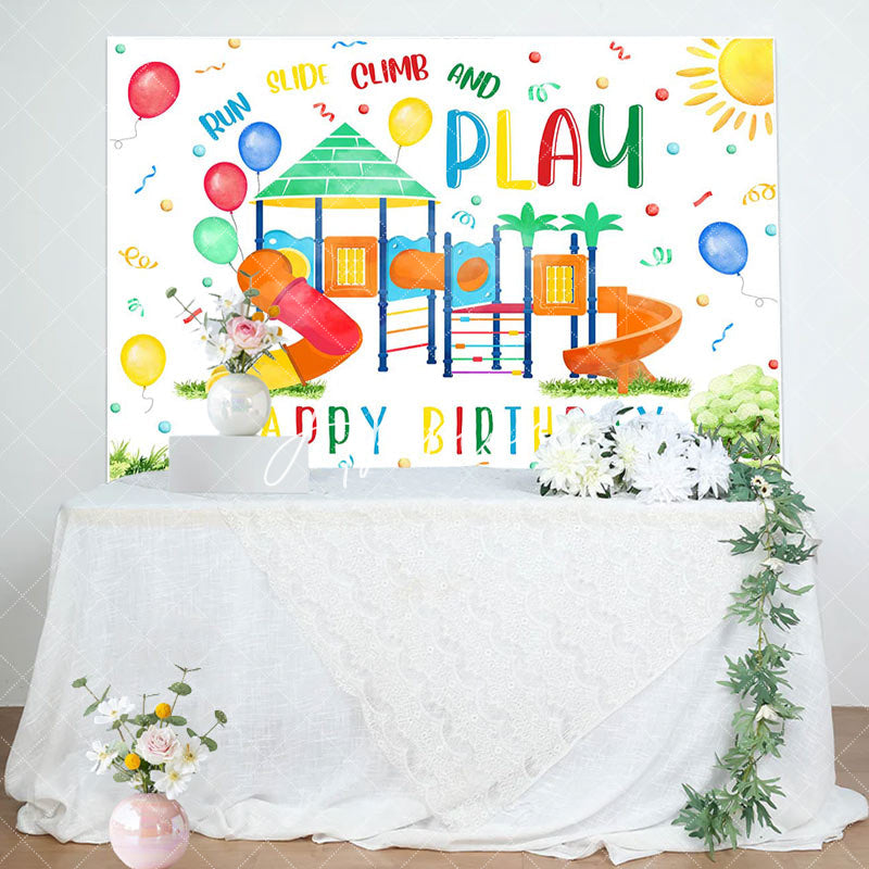 Aperturee - Run And Play Colorful Slide Grass Birthday Backdrop