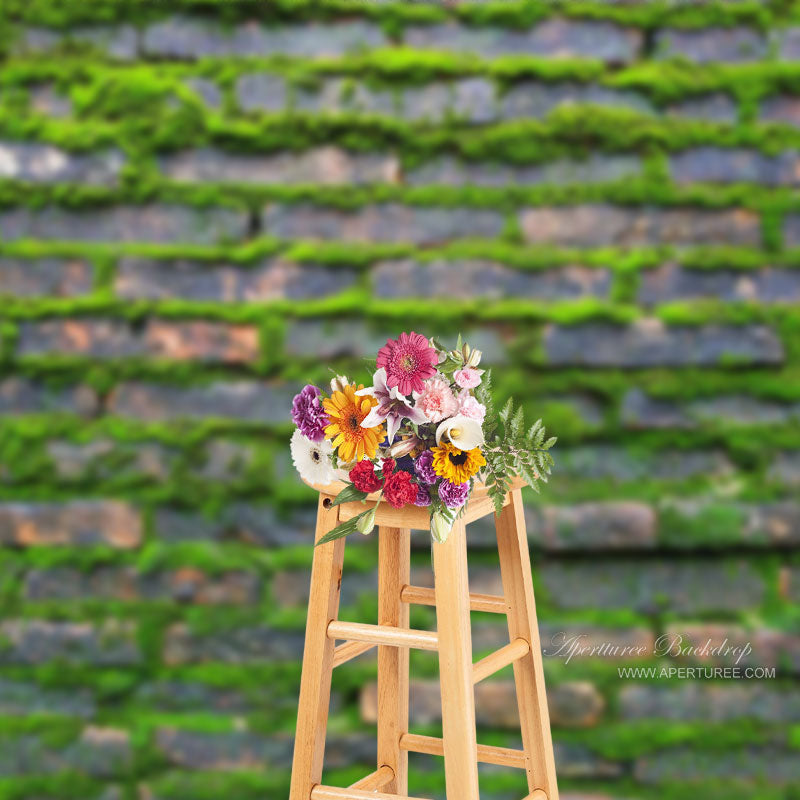 Aperturee - Rural Green Mossy Brick Wall Photoshoot Backdrop