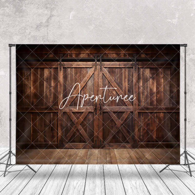 Aperturee - Rustic Dark Brown Wooden Floor Barn Door Backdrop