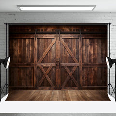 Aperturee - Rustic Dark Brown Wooden Floor Barn Door Backdrop