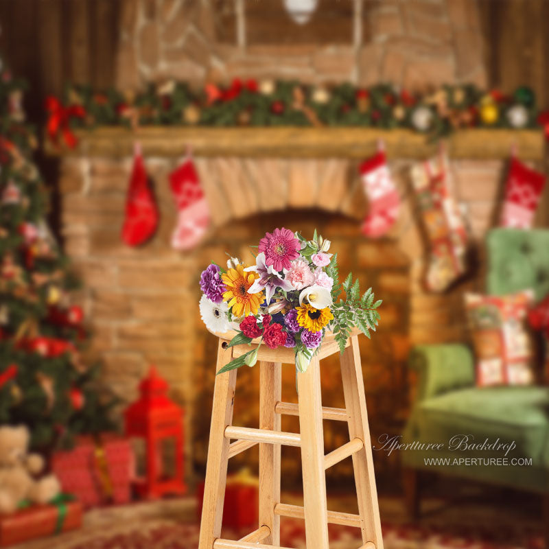 Aperturee - Rustic Fireplace Christmas Tree Portrait Backdrop