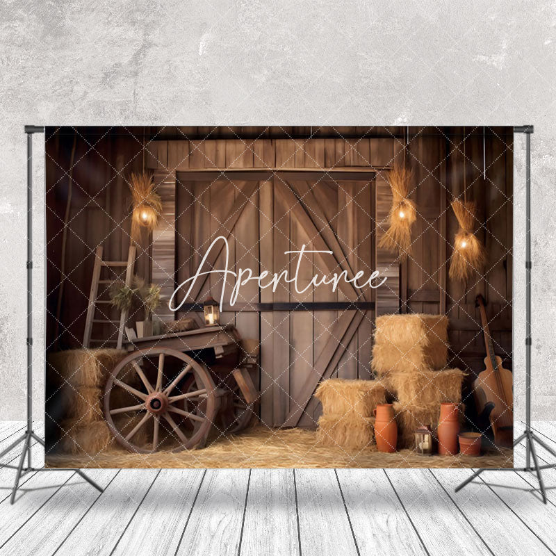 Aperturee - Rustic Hay Cart Wooden Barn Door Backdrop For Photo