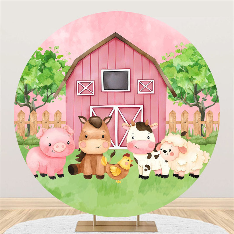 Aperturee - Rustic Pink Farm Animals Circle Baby Shower Backdrop