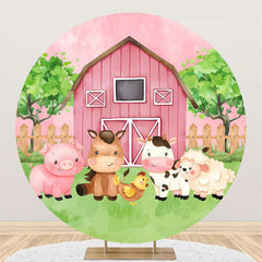 Aperturee - Rustic Pink Farm Animals Circle Baby Shower Backdrop