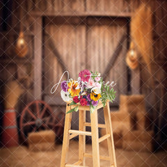 Aperturee - Rustic Retro Brown Hay Wooden Barn Door Backdrop