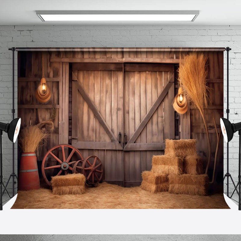 Aperturee - Rustic Retro Brown Hay Wooden Barn Door Backdrop