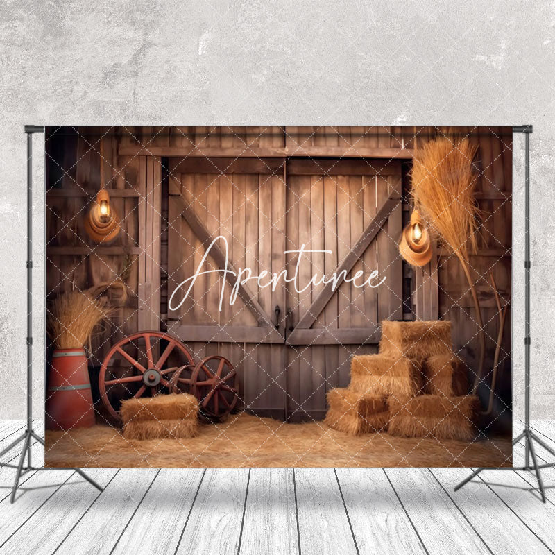 Aperturee - Rustic Retro Brown Hay Wooden Barn Door Backdrop