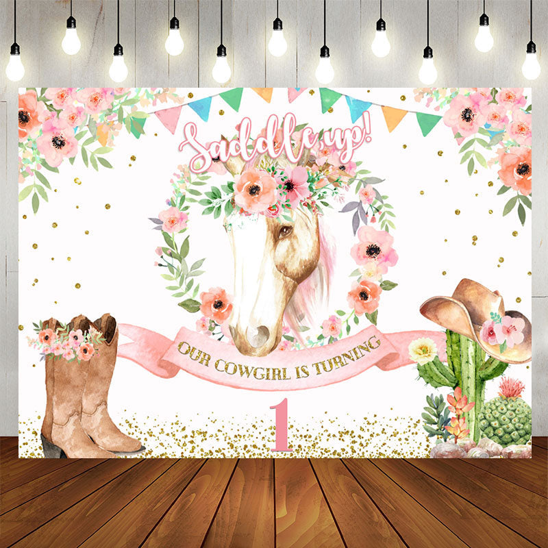 Aperturee - Saddle Up Pink Floral And Horse First Birthday Backdrop