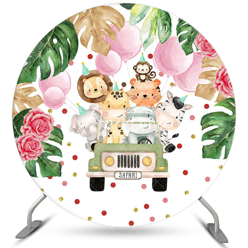 Aperturee Safari Animal Car Balloon Birthday Round Backdrops