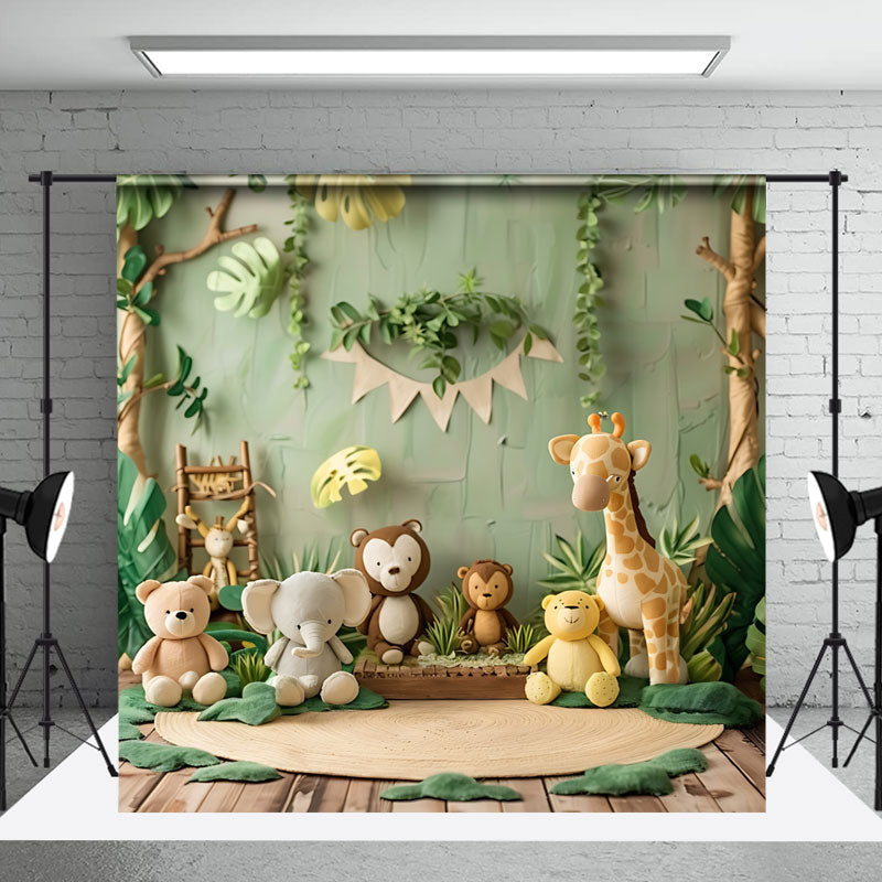 Aperturee - Safari Animal Doll Jungle Plant Wood Photo Backdrop