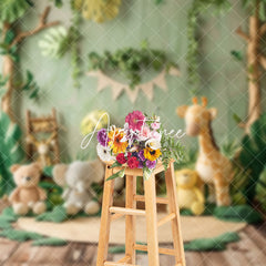 Aperturee - Safari Animal Doll Jungle Plant Wood Photo Backdrop