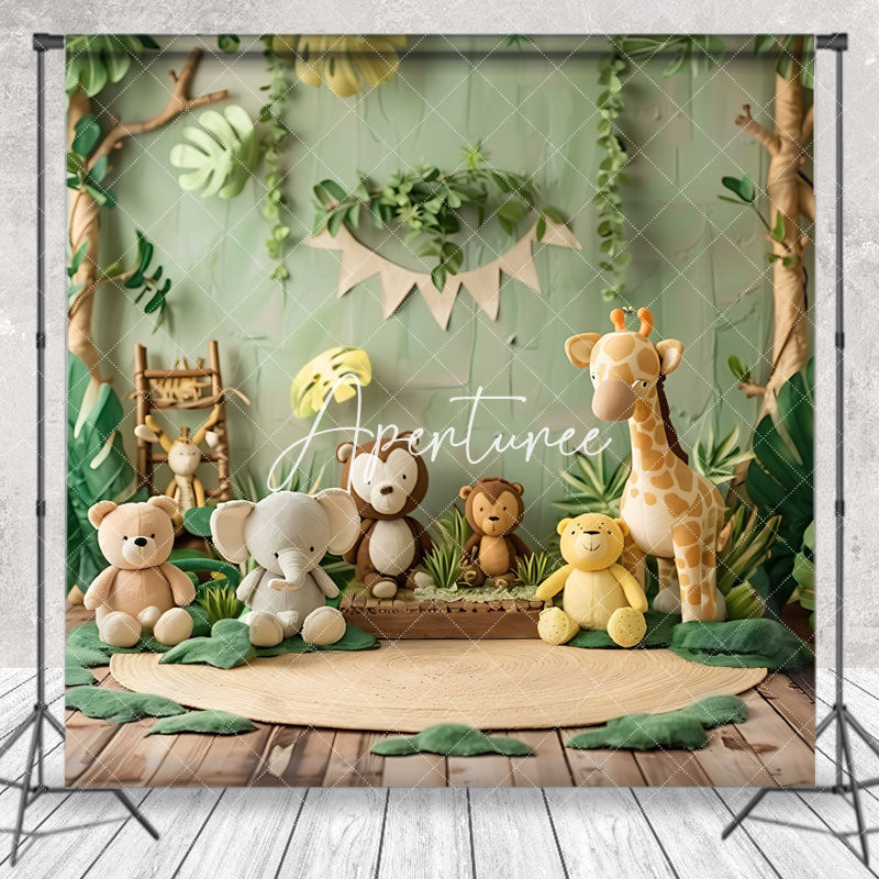 Aperturee - Safari Animal Doll Jungle Plant Wood Photo Backdrop