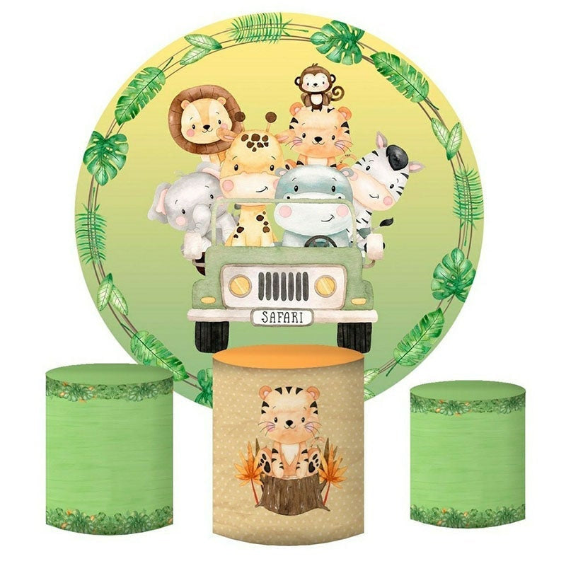 Aperturee Safari Animals And Car Round Baby Shower Backdrop Kit