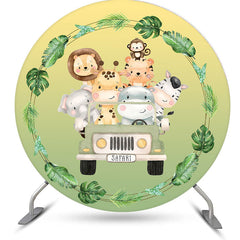 Aperturee - Safari Animals And Car Round Baby Shower Backdrop Kit