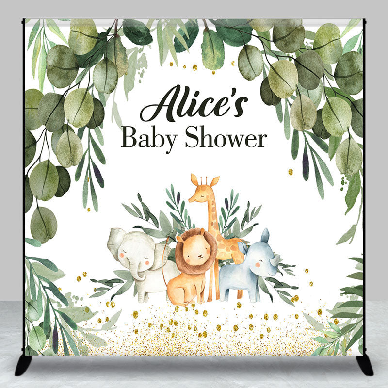 Aperturee - Safari Animals Leaf Custom Name Baby Shower Backdrop