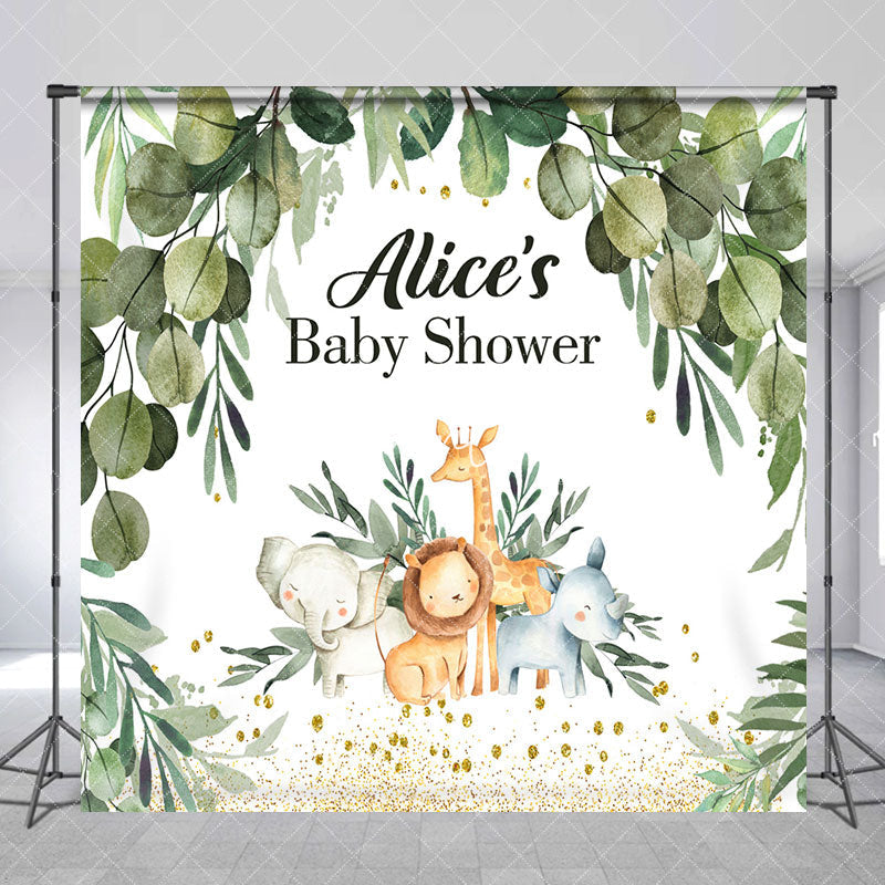 Aperturee - Safari Animals Leaf Custom Name Baby Shower Backdrop