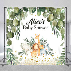 Aperturee - Safari Animals Leaf Custom Name Baby Shower Backdrop