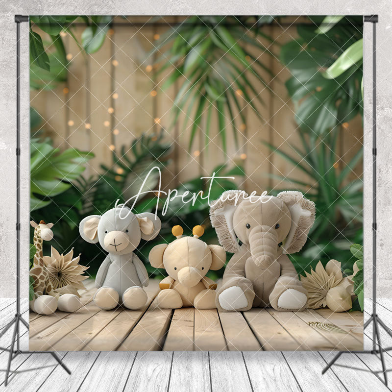 Aperturee - Safari Animals Monstera Forest Wooden Photo Backdrop