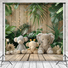 Aperturee - Safari Animals Monstera Forest Wooden Photo Backdrop