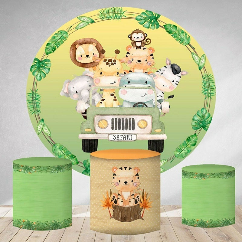 Aperturee Safari Car And Forest Animals Round Birthday Backdrop Kit