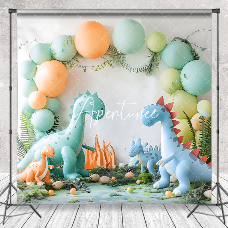 Aperturee - Safari Dinosaur Balloon White Wall Photo Backdrop