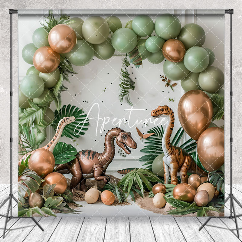 Aperturee - Safari Dinosaur Green Gold Balloon Photo Backdrop