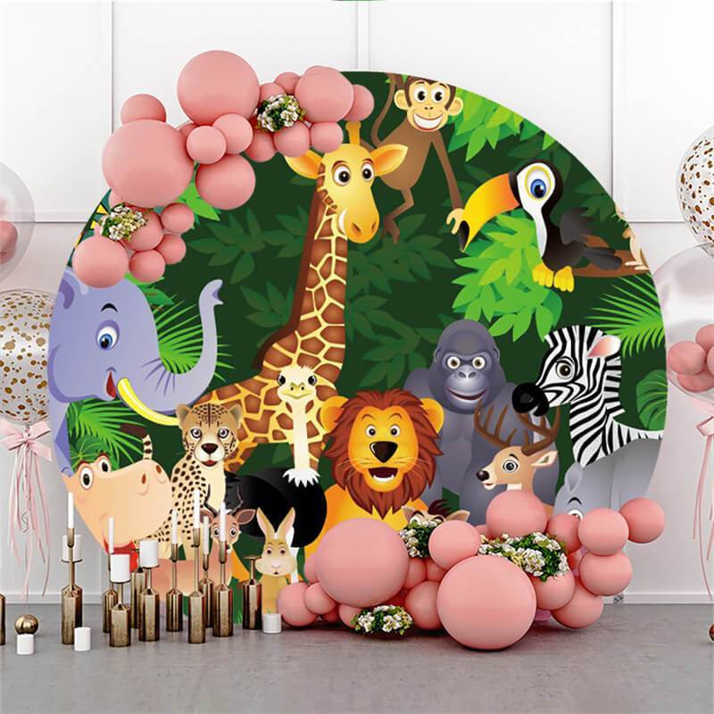 Aperturee Safari Green Jungle Forest Round Happy Birthday Backdrop