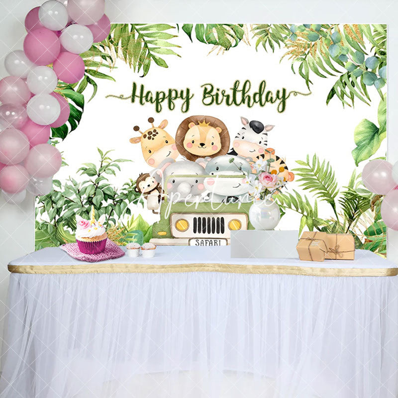 Aperturee - Safari Jungle Animals Leaves Car Birthday Backdrop