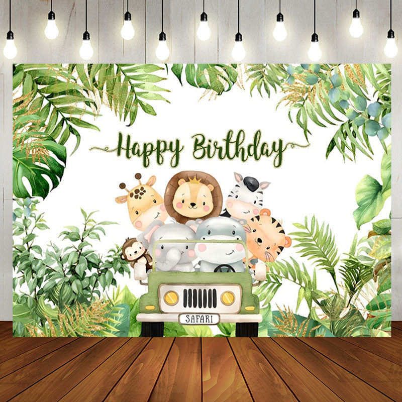 Aperturee - Safari Jungle Animals Leaves Car Birthday Backdrop