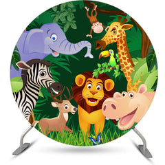 Aperturee Safari Jungle Cartoon Animal Round Birthday Backdrop