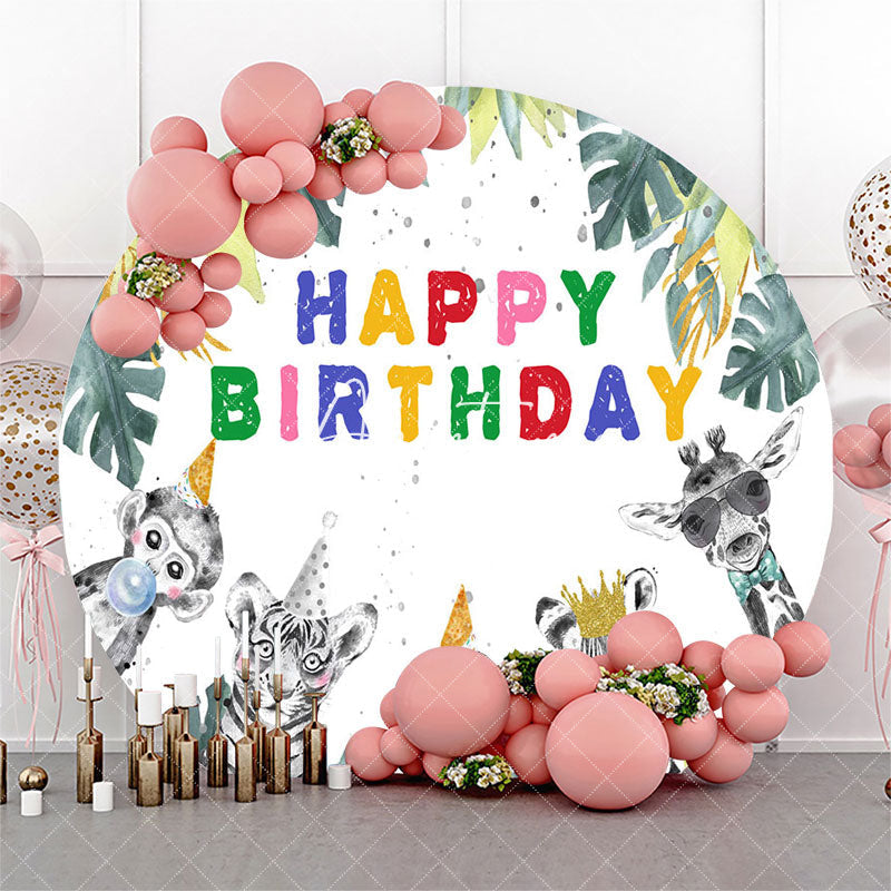 Aperturee Safari Monstera Animal Round Happy Birthday Backdrop