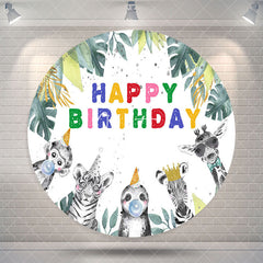 Aperturee Safari Monstera Animal Round Happy Birthday Backdrop