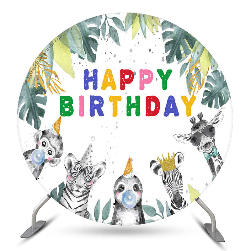 Aperturee Safari Monstera Animal Round Happy Birthday Backdrop