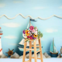 Aperturee - Sailboat Lighthouse Decor Blue Photo Birthday Backdrop