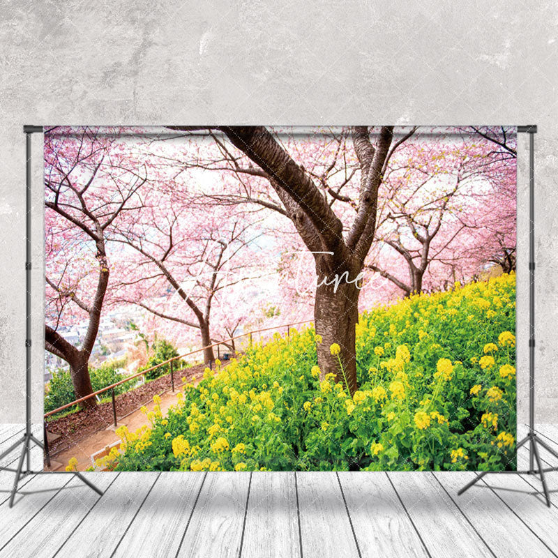 Aperturee - Sakura Trees Rapeseed Flower Spring Photo Backdrop