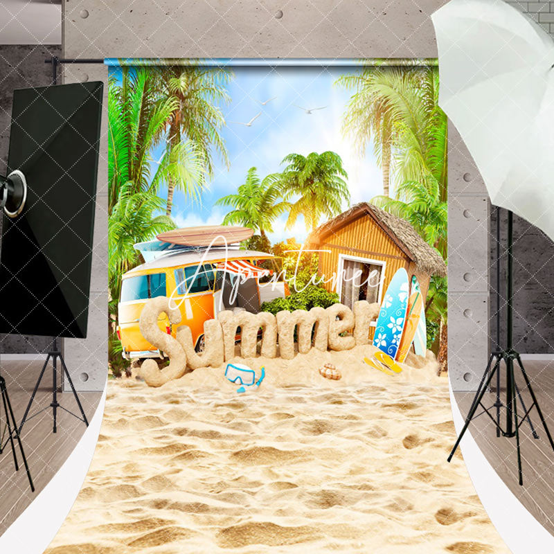 Aperturee - Sand Car Surfboard Palm Trees Summer Sweep Backdrop