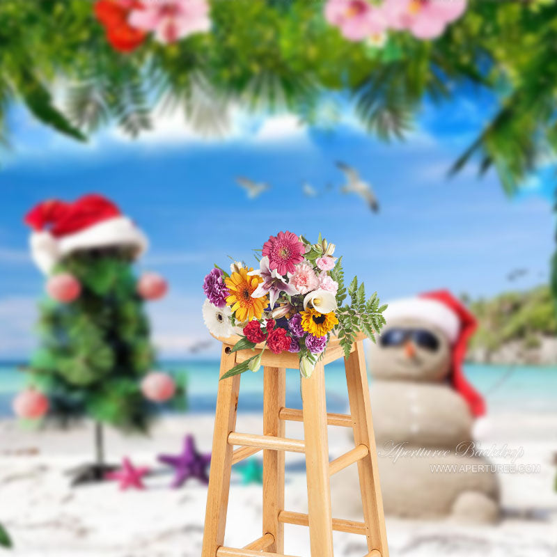 Aperturee - Sand Snowman Floral Hawaii Xmas In July Backdrop