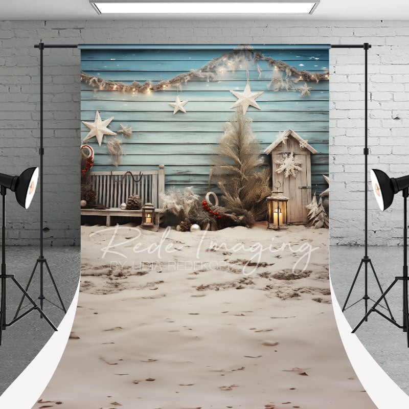 Aperturee - Sandbeach Blue Cottage Christmas Photo Backdrop