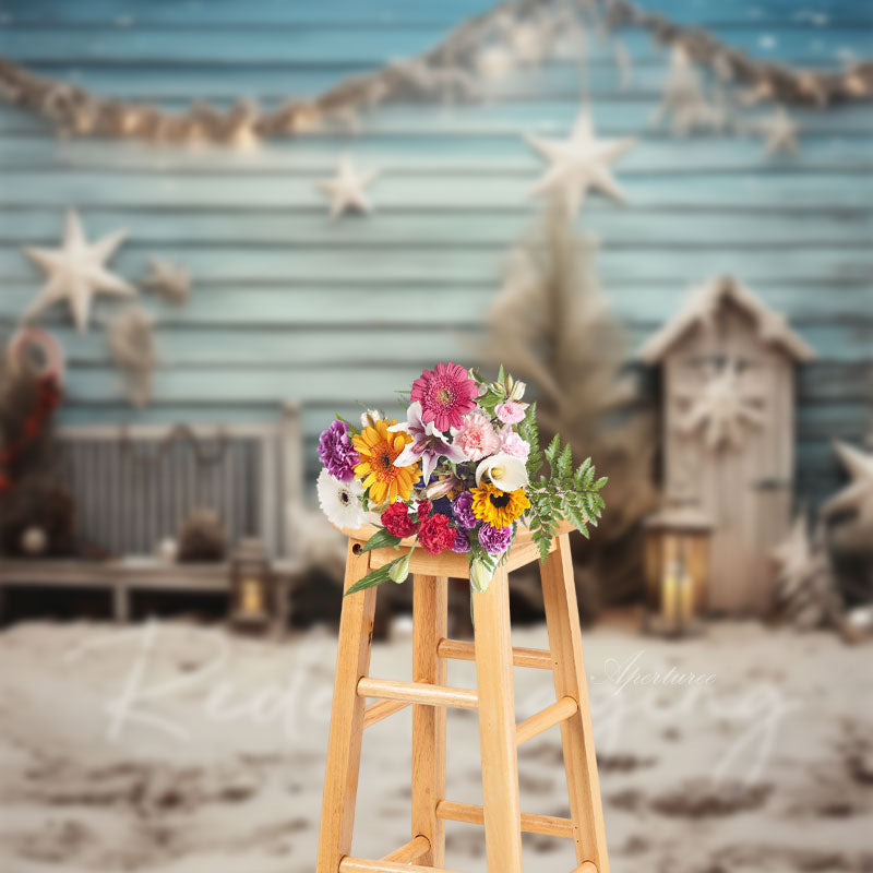 Aperturee - Sandbeach Blue Cottage Christmas Photo Backdrop