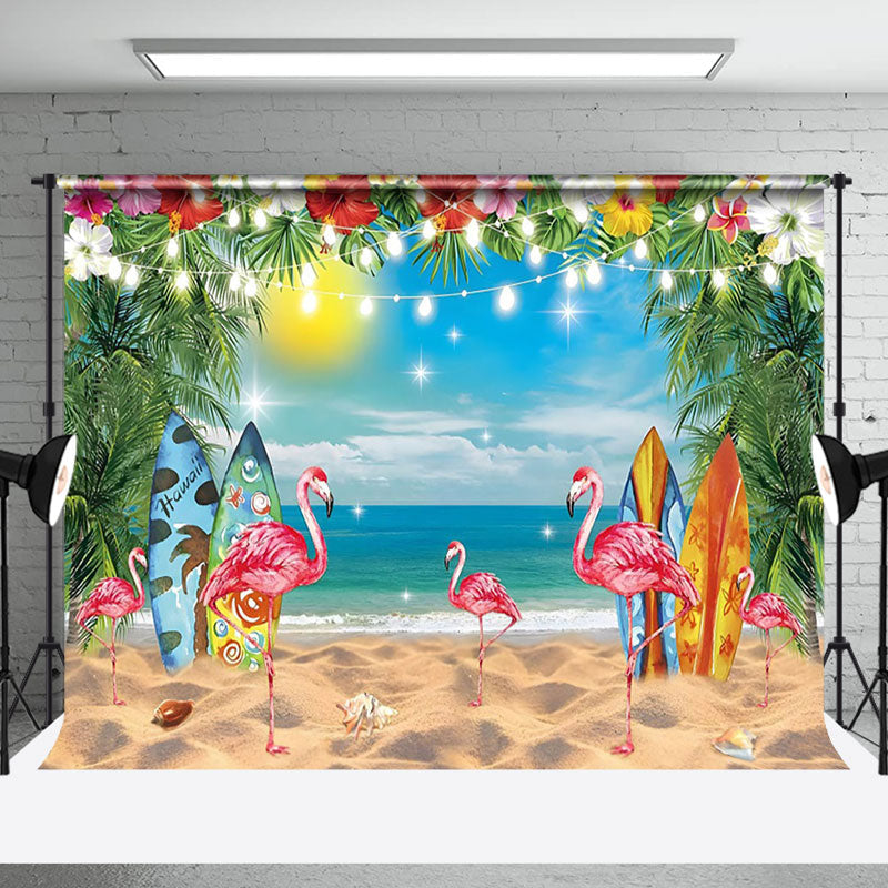 Aperturee - Sandy Beach Flamingo Floral Trees Summer Backdrop