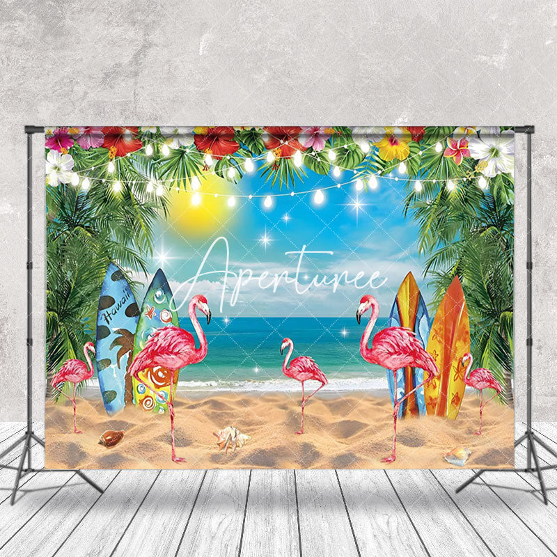 Aperturee - Sandy Beach Flamingo Floral Trees Summer Backdrop