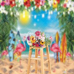 Aperturee - Sandy Beach Flamingo Floral Trees Summer Backdrop