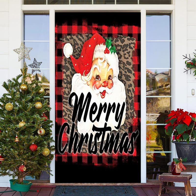 Aperturee - Santa Claus Leopard Print Plaid Christmas Door Cover