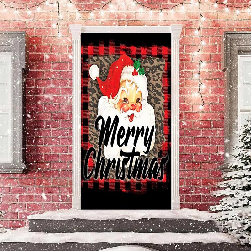 Aperturee - Santa Claus Leopard Print Plaid Christmas Door Cover