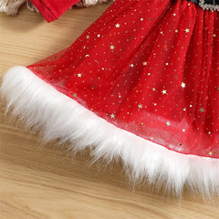 Aperturee - Santa Claus Red Tulle Fur Collar Party Kids Dress