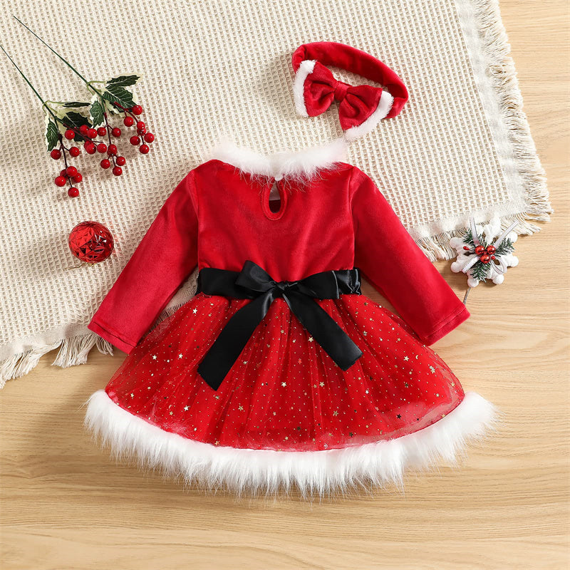 Aperturee - Santa Claus Red Tulle Fur Collar Party Kids Dress